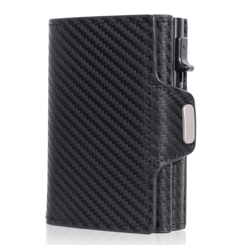 Black carbon fiber patterned wallet on a white background