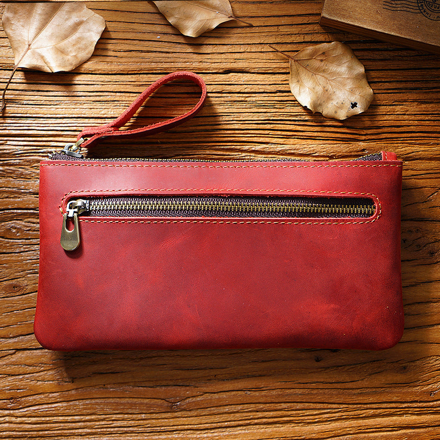 Retro Leather Zipped Pencil Bag - Crazy Horse Leather Creative Portable Hand Grip Buggy Bag - ArtOm_farm™ LEATHER
