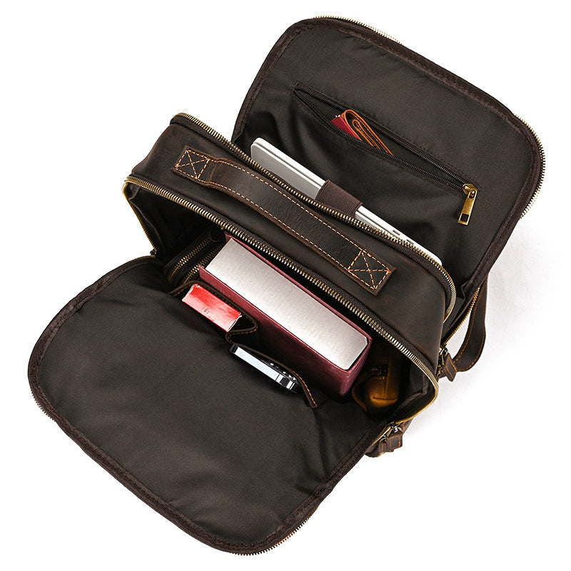 Double Zipper Main Bag Genuine Leather Travel Backpack - Large Capacity Crazy Horse Leather Outdoor Leisure Backpack - ArtOm_farm™ LEATHER