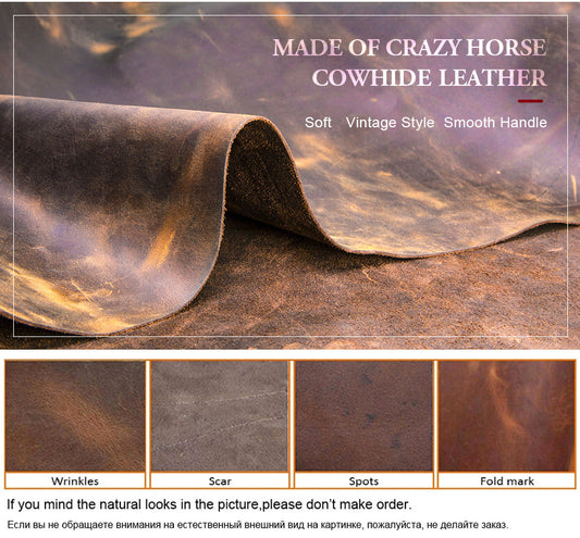 Crazy horse cowhide leather with visible texture and color variations.