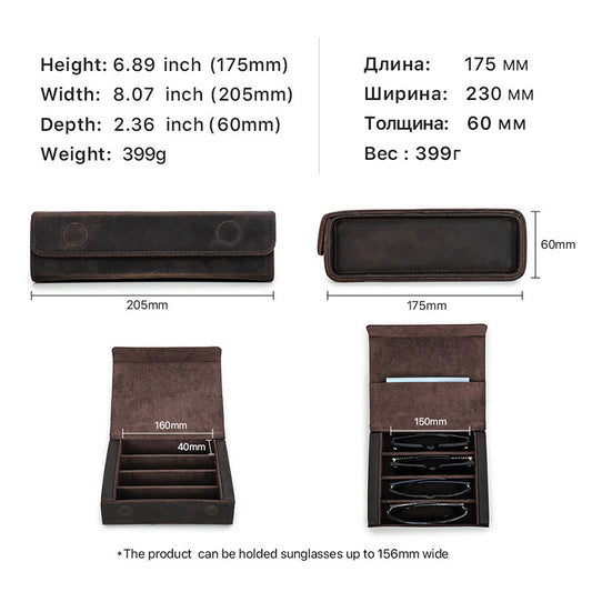 Brown leather sunglasses case with dimensions and weight displayed