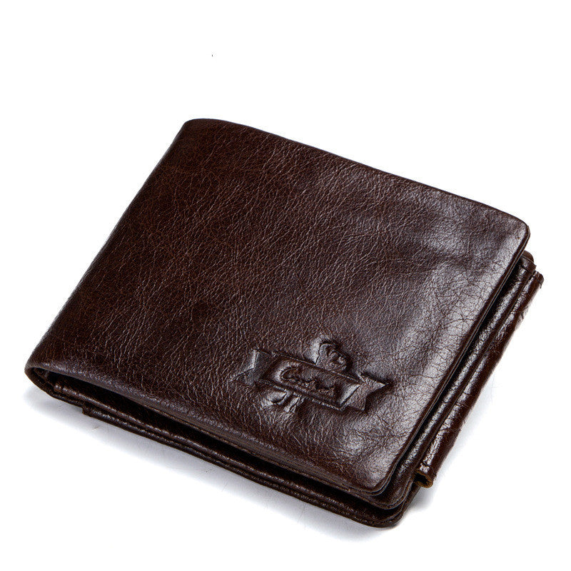 Brown leather wallet with a brand logo on a white background