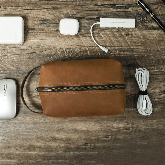 Crazy Horse Leather Zipper Bag for Digital Accessories Handheld Storage - ArtOm_farm™ LEATHER