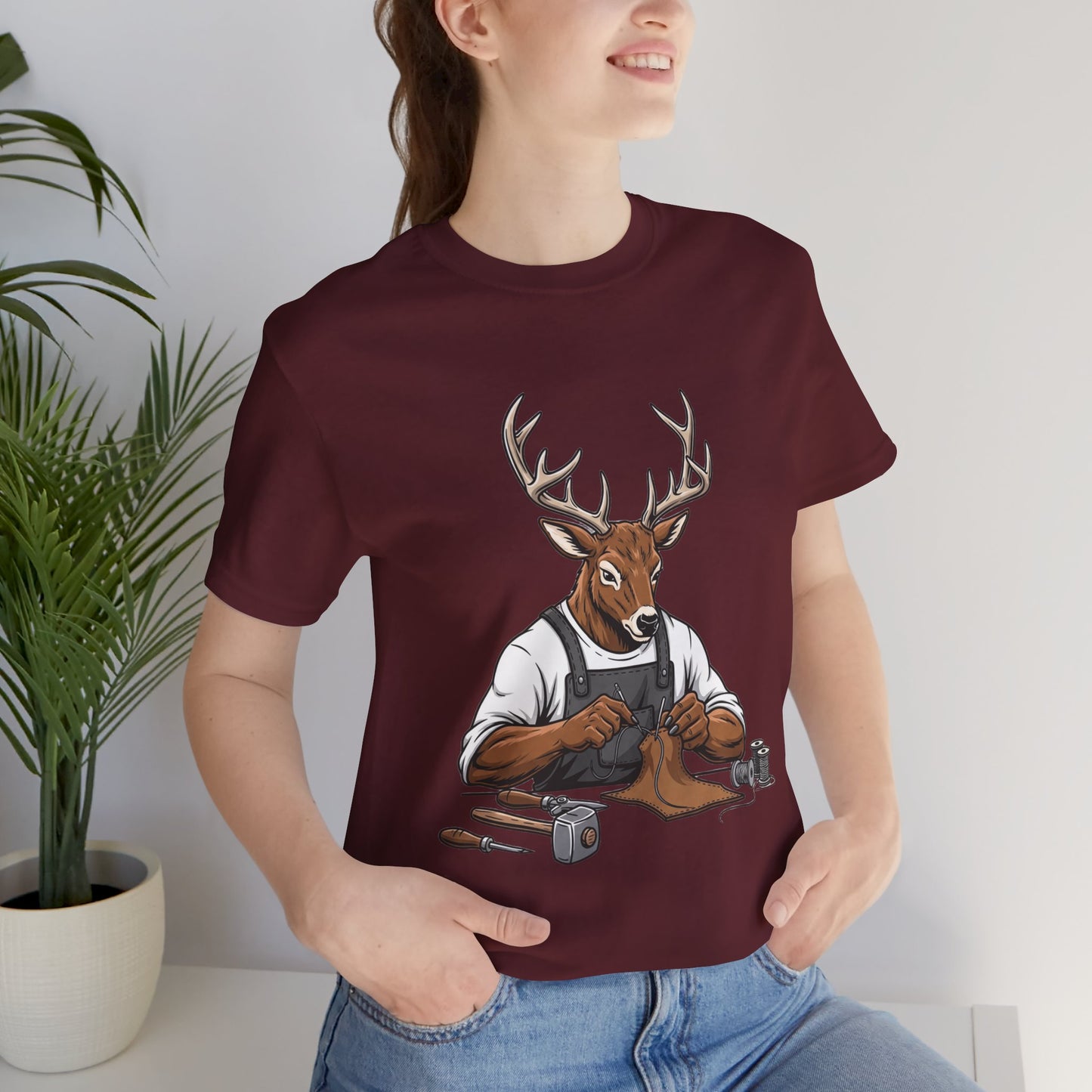 Artisan Deer Graphic Tee for Nature Lovers - Cute Animal Shirt, Unisex Casual Wear, Perfect Handyman Gift - ArtOm_farm™ LEATHER