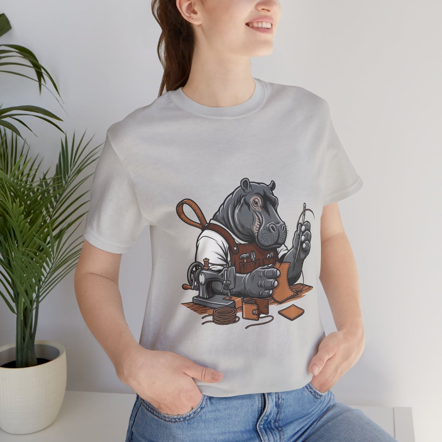 Hippo Sewing T-Shirt - Unique Unisex Tee for Crafters, Fun Animal Lover Shirt, Perfect Birthday Gift - ArtOm_farm™ LEATHER