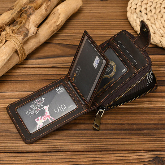 Men's Crazy Horse Leather Wallet - Short Zipper Design - ArtOm_farm™ LEATHER