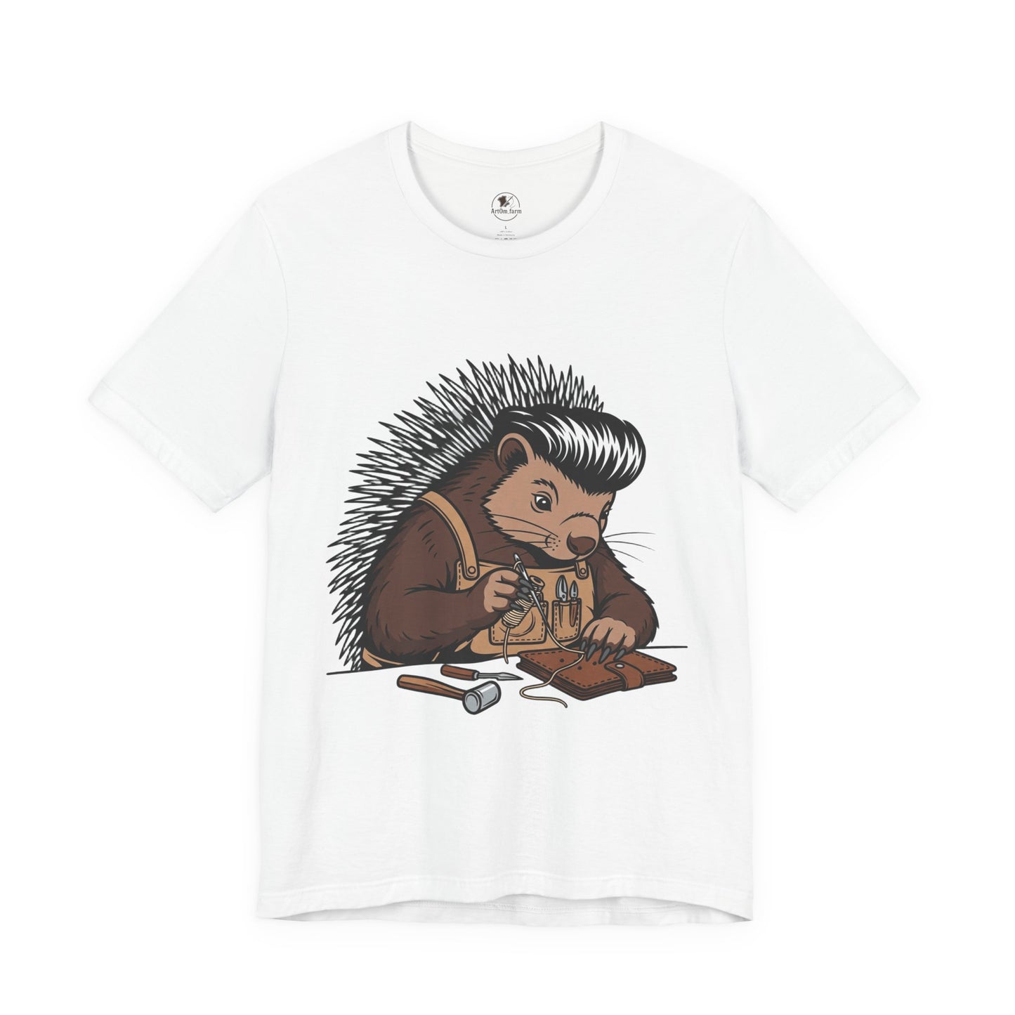 Quirky Hedgehog T-Shirt - Cute Animal Tee for Crafting Enthusiasts and Nature Lovers - Unisex Short Sleeve Shirt - ArtOm_farm™ LEATHER
