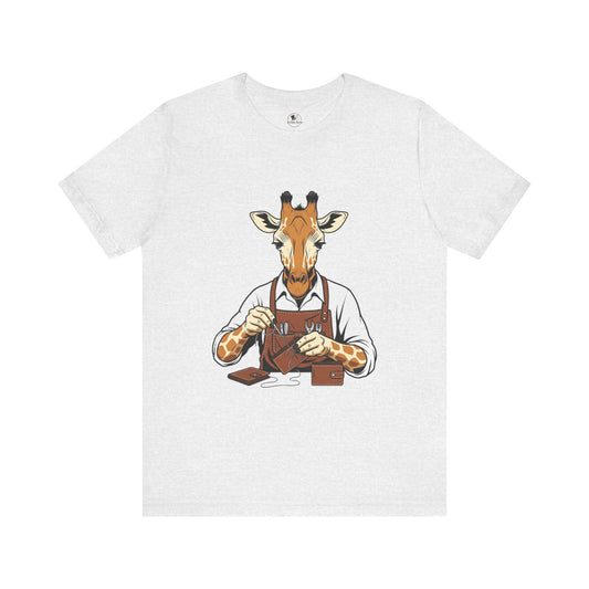 Giraffe Tailor Tee - Unique Animal Lover Shirt, Funny Short Sleeve T-Shirt for Creatives, Quirky Art Casual Wear - ArtOm_farm™ LEATHER