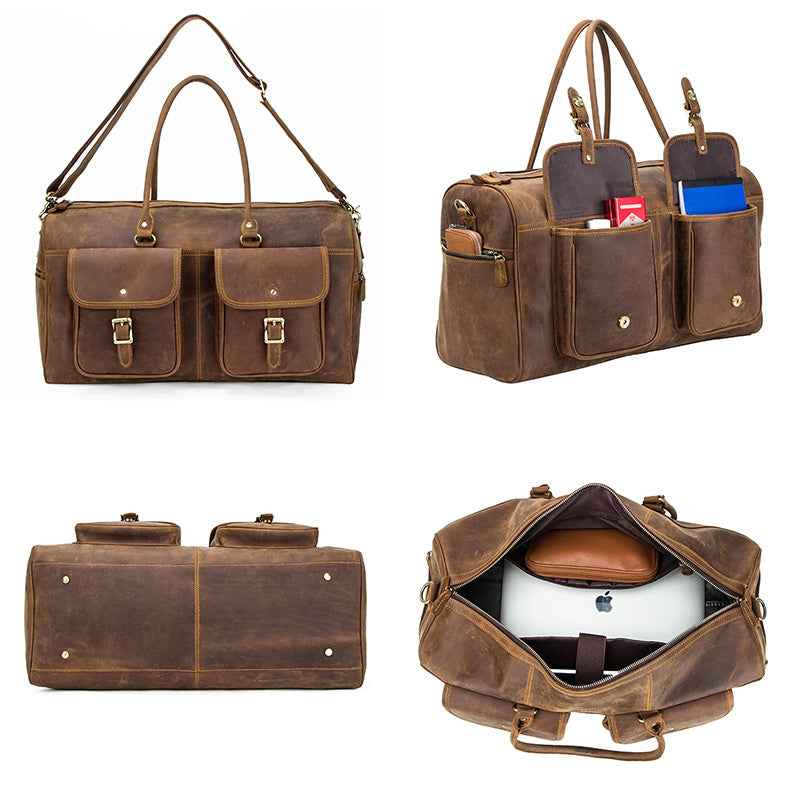 Retro Cowhide Leather Travel Bag - Large Capacity Crazy Horse Design