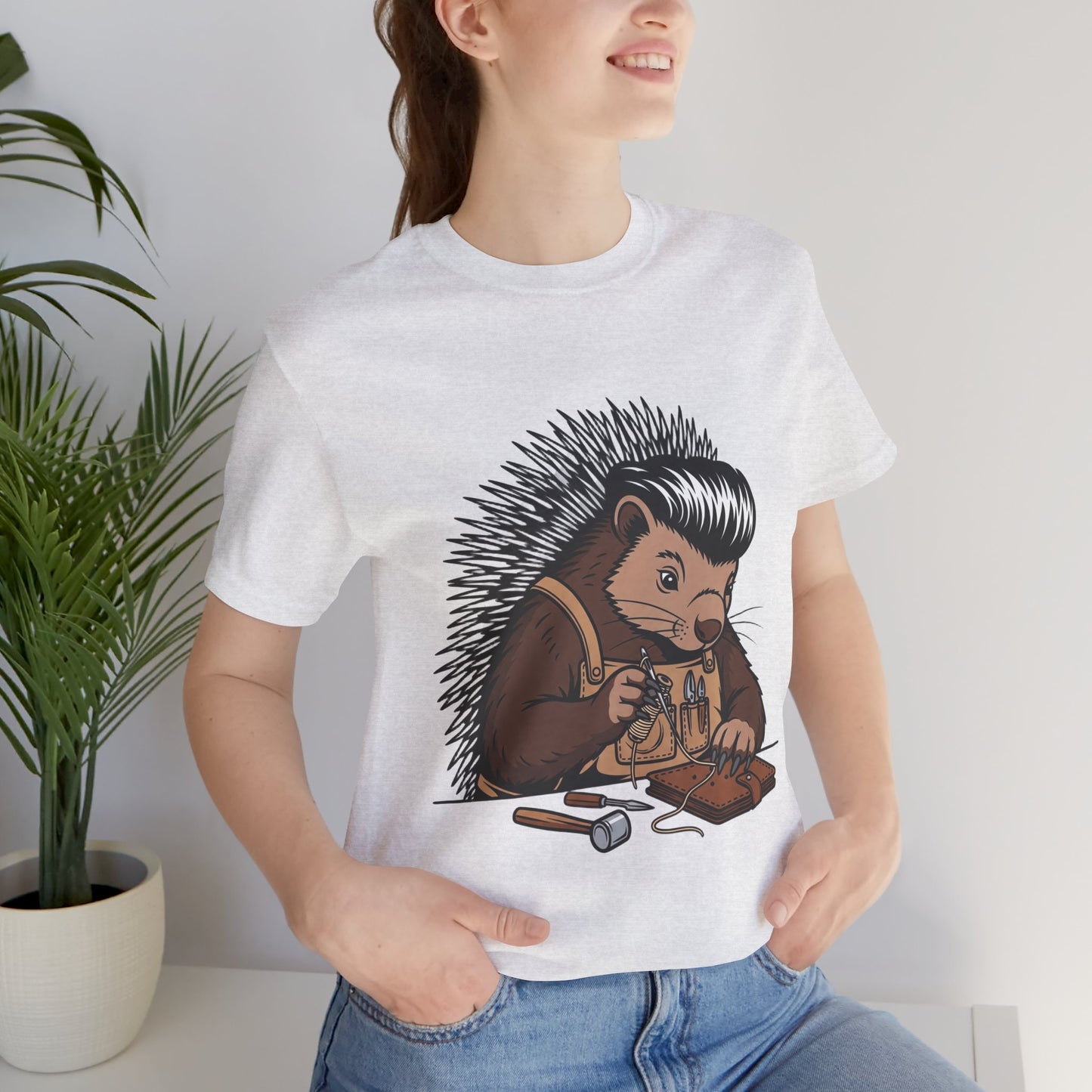 Quirky Hedgehog T-Shirt - Cute Animal Tee for Crafting Enthusiasts and Nature Lovers - Unisex Short Sleeve Shirt - ArtOm_farm™ LEATHER