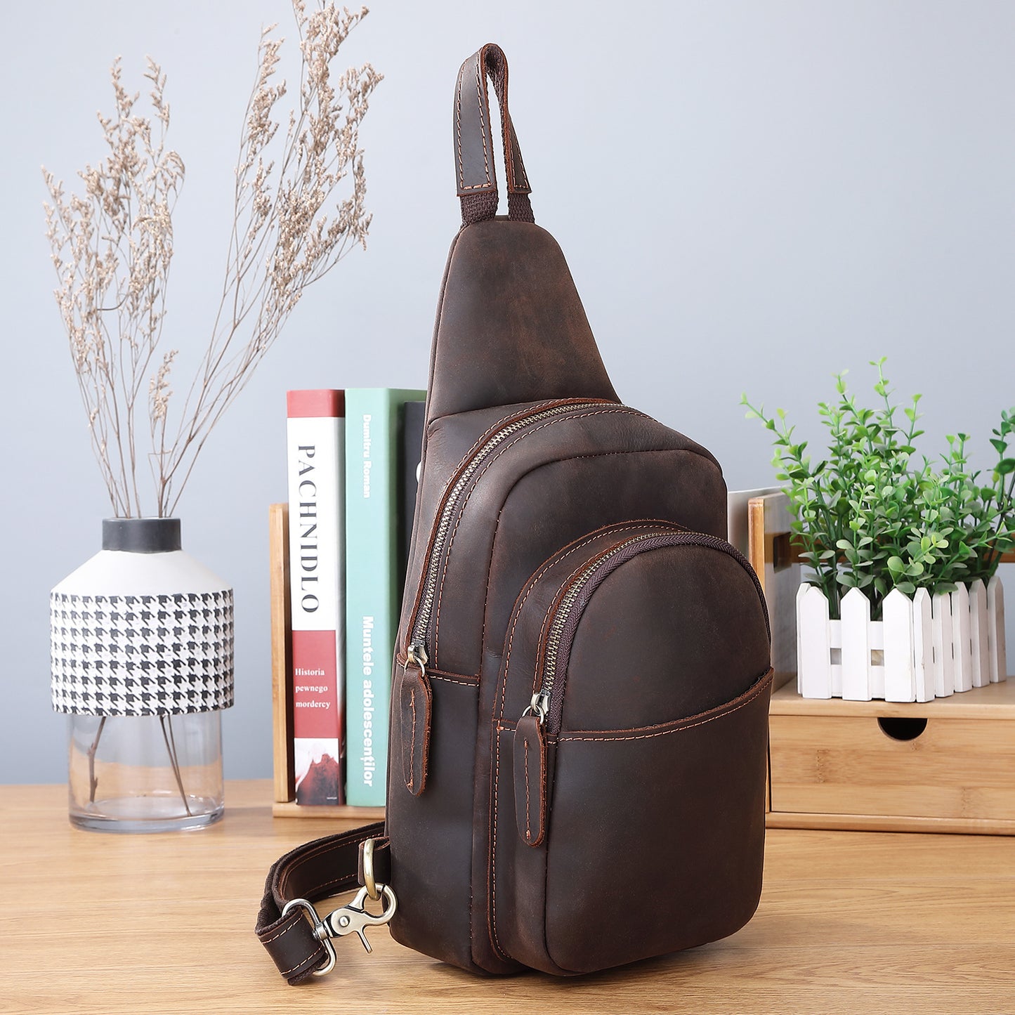 Horse Leather Chest Bag - Men's Shoulder Messenger Bag - ArtOm_farm™ LEATHER