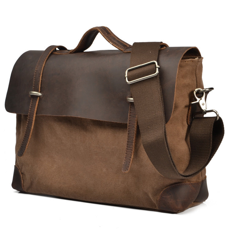 Men's Leather Shoulder Bag - Cowhide Crazy Horse Leather With Canvas Shoulder Bag - ArtOm_farm™ LEATHER