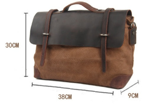 Brown leather bag with dimensions on a white background