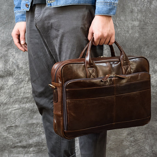 Vintage Men's Leather Briefcase Genuine Crazy Horse Leather Business Commuter Bag - ArtOm_farm™ LEATHER
