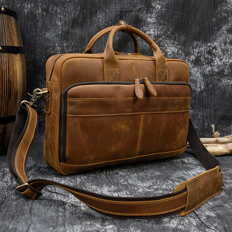 Vintage Men's Leather Briefcase Genuine Crazy Horse Leather Business Commuter Bag - ArtOm_farm™ LEATHER