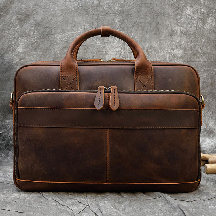 Vintage Men's Leather Briefcase Genuine Crazy Horse Leather Business Commuter Bag - ArtOm_farm™ LEATHER