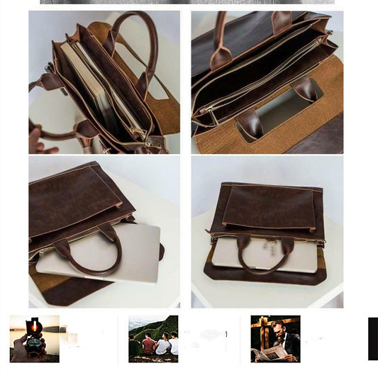 Collage of a brown leather bag with multiple angles on a white background
