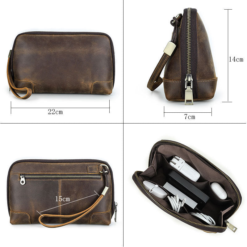 Brown leather toiletry bag with measurements on a white background