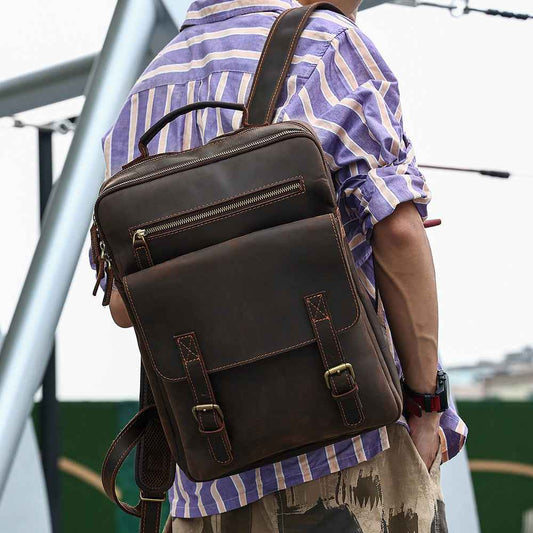 Men's Retro Leather Backpack in Genuine Crazy Horse Leather - ArtOm_farm™ LEATHER