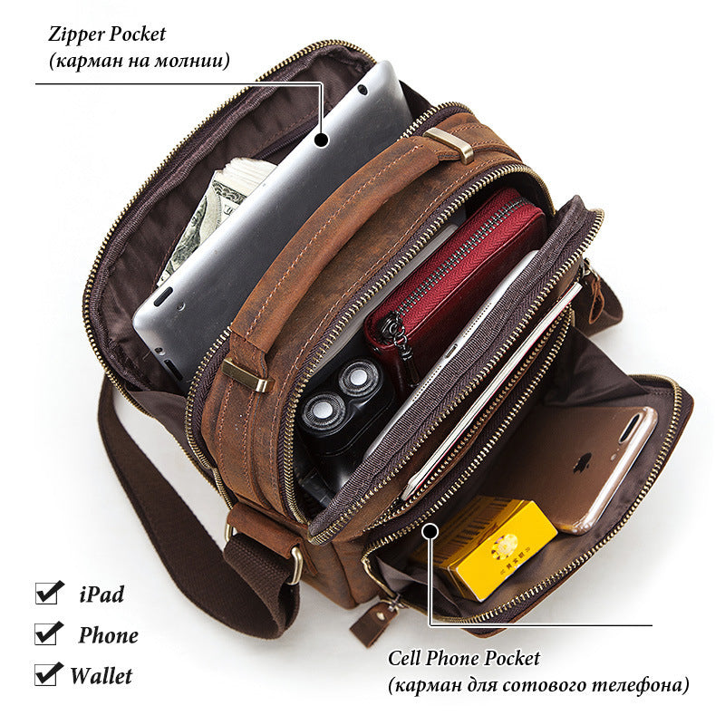 Men's Leather Crossbody Bag - Crazy Horse Leather Single-shoulder Design - ArtOm_farm™ LEATHER