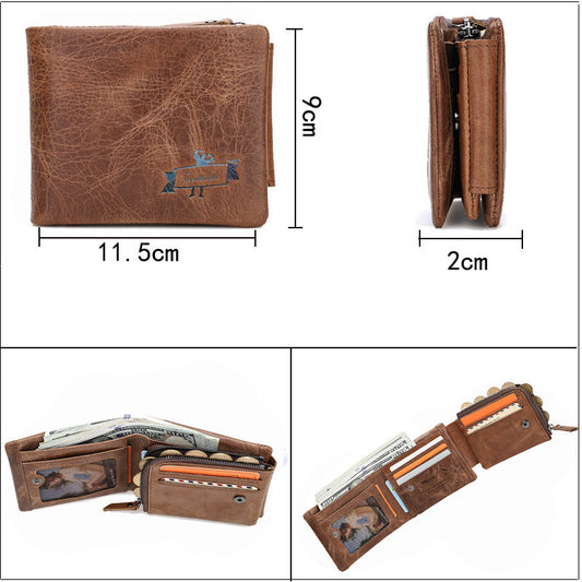 Brown leather wallet with measurements and open view on a white background