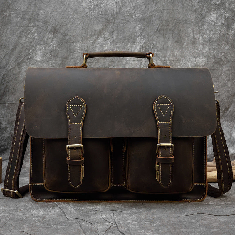 Men's Leather Briefcase - Retro Crazy Horse Leather Messenger Bag for Computers - ArtOm_farm™ LEATHER
