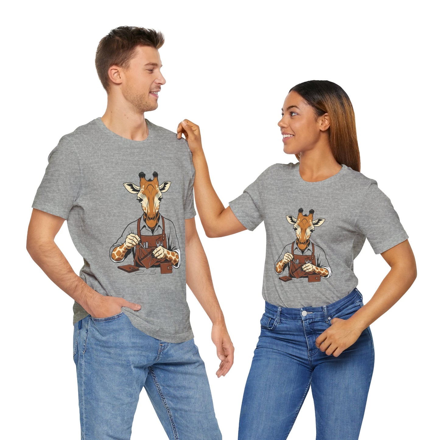 Giraffe Tailor Tee - Unique Animal Lover Shirt, Funny Short Sleeve T-Shirt for Creatives, Quirky Art Casual Wear - ArtOm_farm™ LEATHER