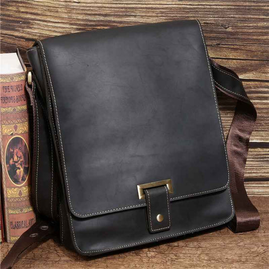 Men's Retro Leather Messenger Bag in Genuine Crazy Horse Leather