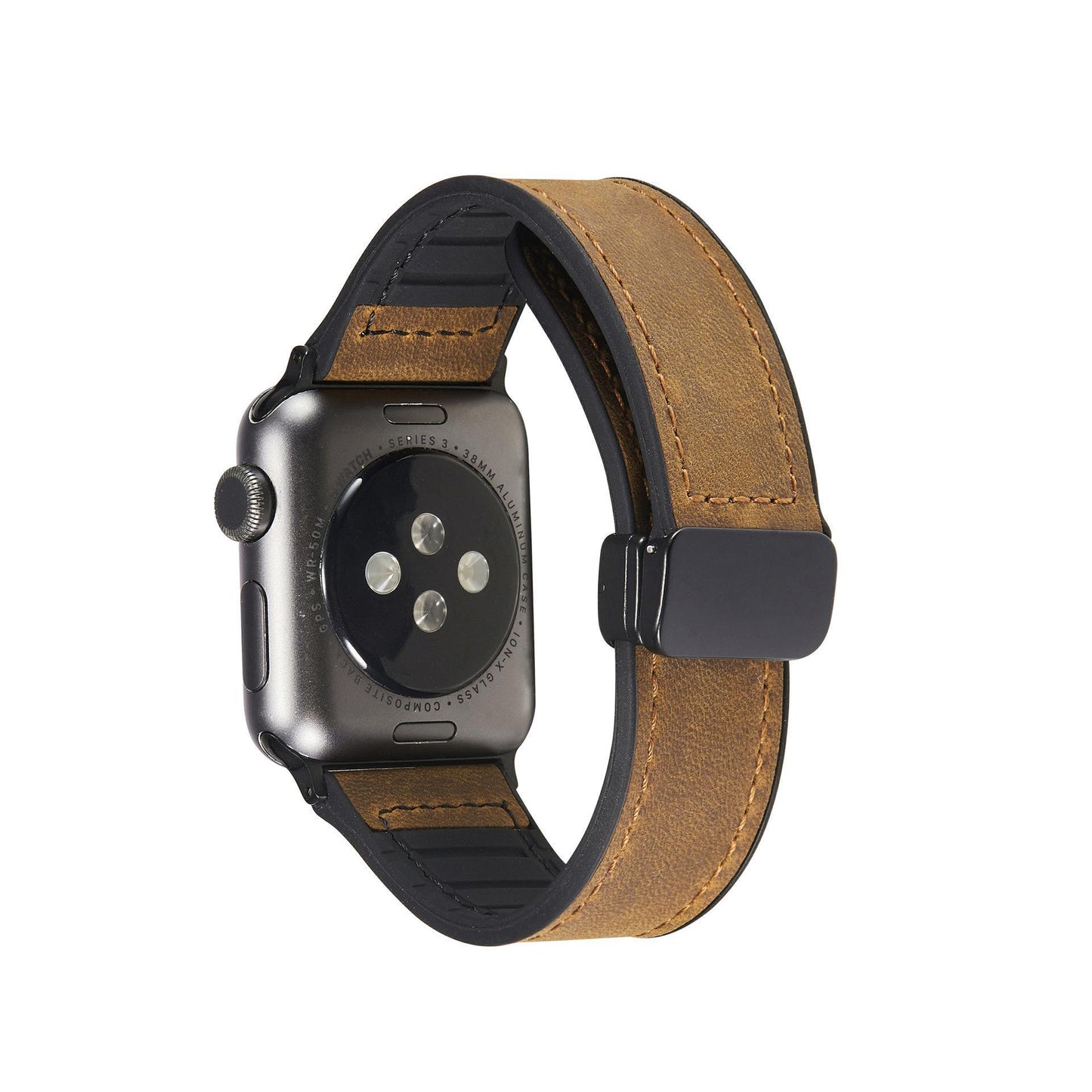 Smartwatch with a brown leather strap on a white background