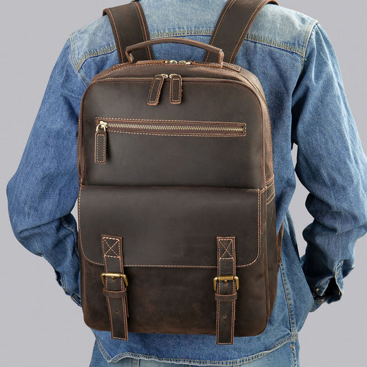 Crazy Horse Leather Backpack for Men - Retro Large Capacity Design - ArtOm_farm™ LEATHER