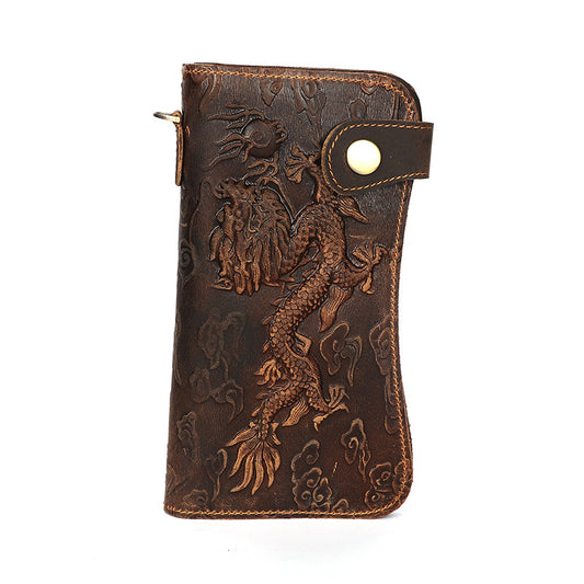 Brown leather wallet with embossed dragon design on a white background