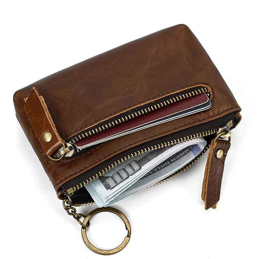 Retro Leather Coin Purse with Crazy Horse Leather Key Ring for Stylish Organization