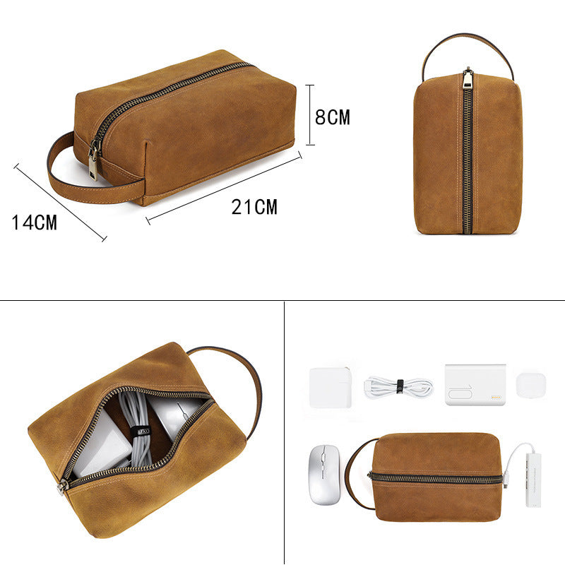 Crazy Horse Leather Zipper Bag for Digital Accessories Handheld Storage - ArtOm_farm™ LEATHER