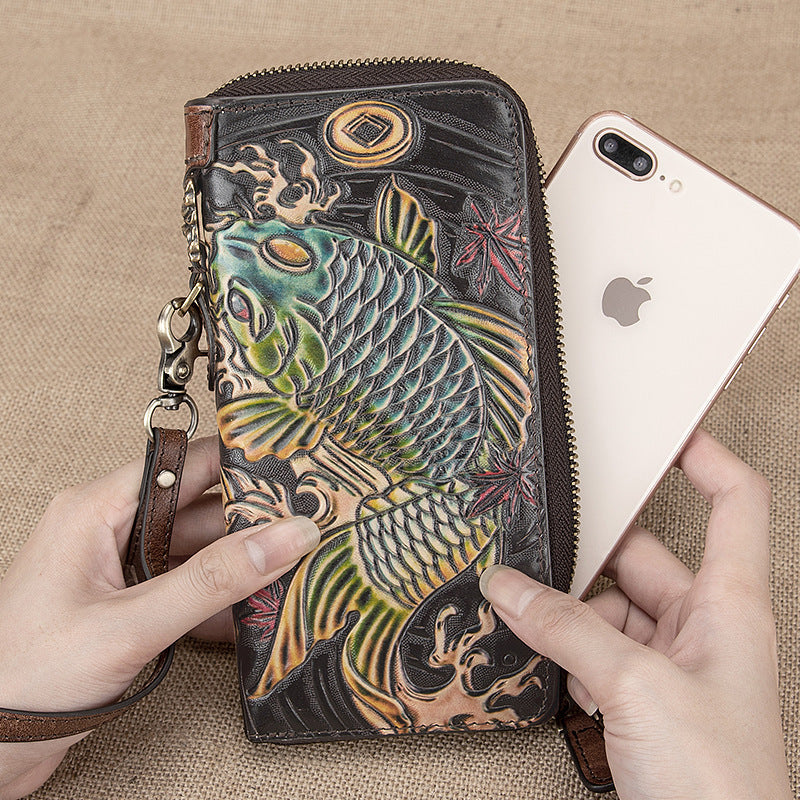Handmade Leather Wallet - Retro Long Cowhide Carving Craft Wallet - ArtOm_farm™ LEATHER