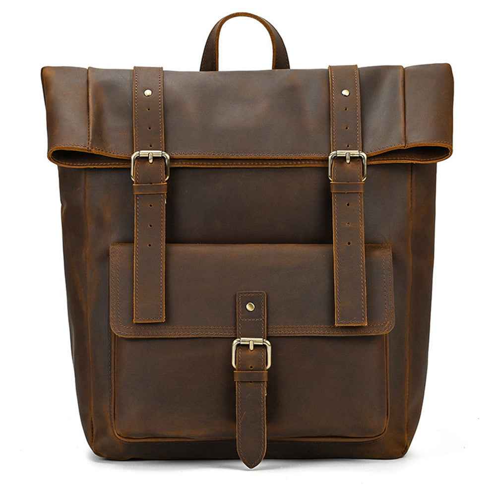 Men's Retro Leather Backpack in Genuine Crazy Horse Leather for School and Travel
