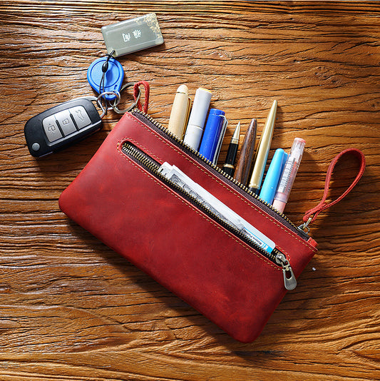 Retro Leather Zipped Pencil Bag - Crazy Horse Leather Creative Portable Hand Grip Buggy Bag - ArtOm_farm™ LEATHER