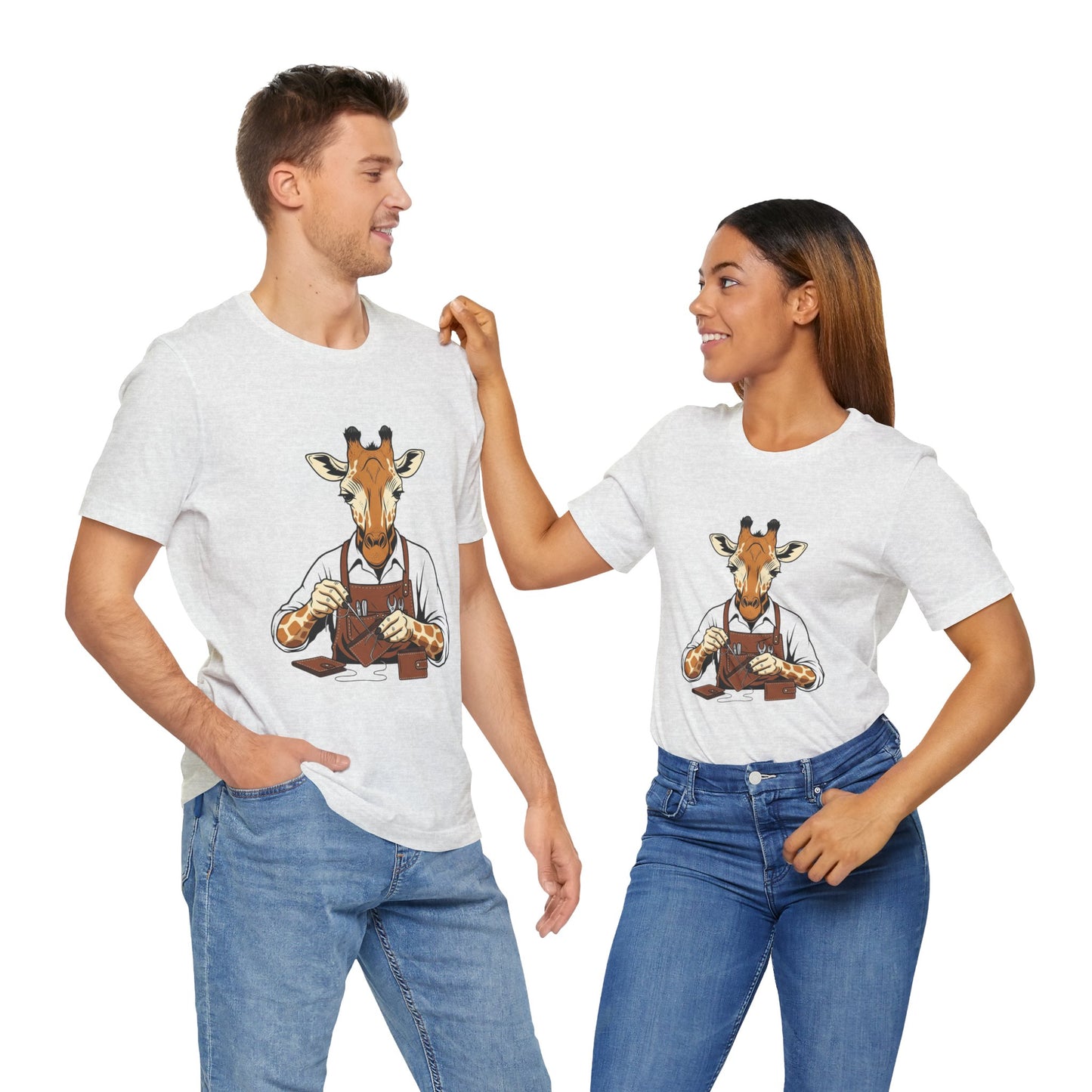 Giraffe Tailor Tee - Unique Animal Lover Shirt, Funny Short Sleeve T-Shirt for Creatives, Quirky Art Casual Wear - ArtOm_farm™ LEATHER
