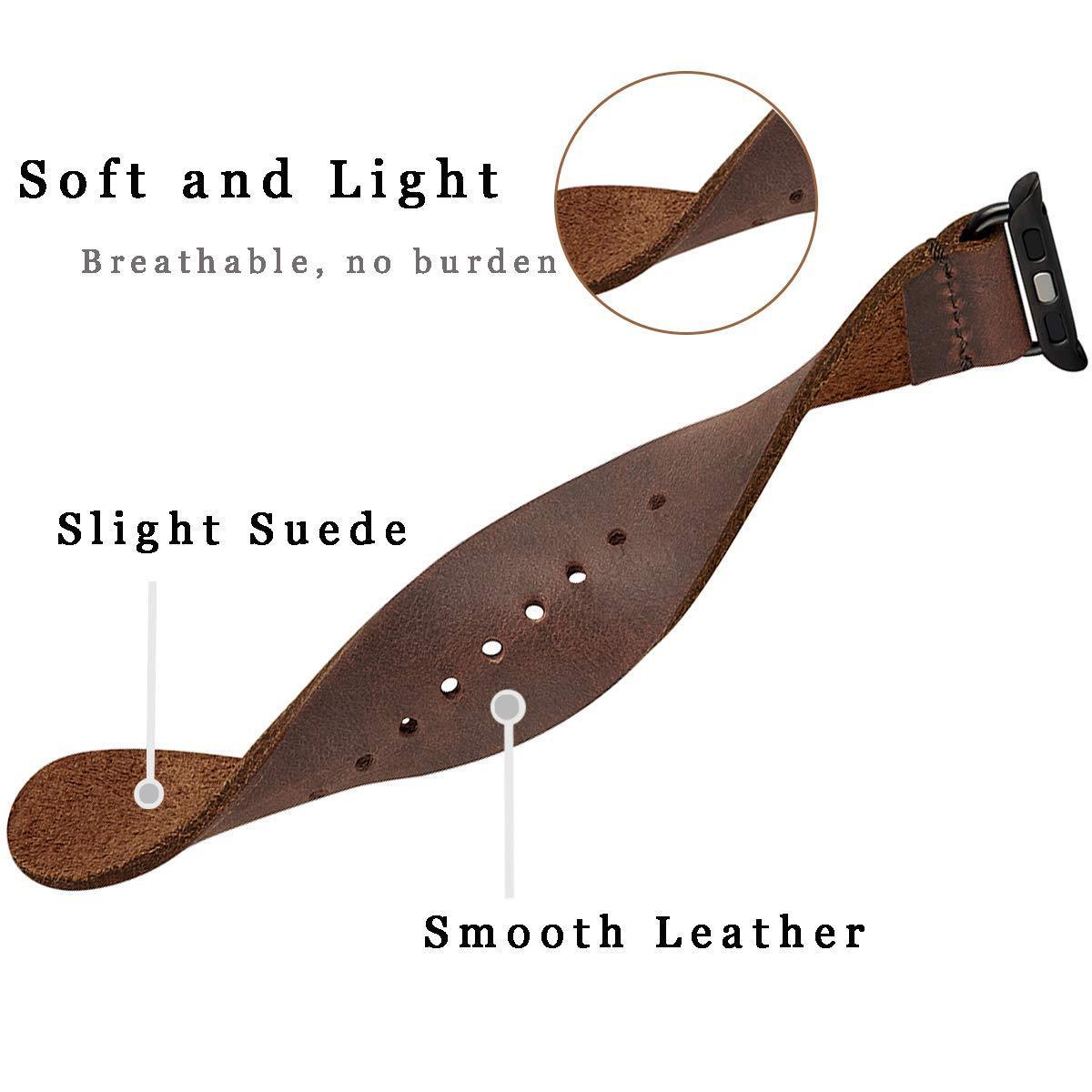 Brown leather strap with text describing its features on a white background