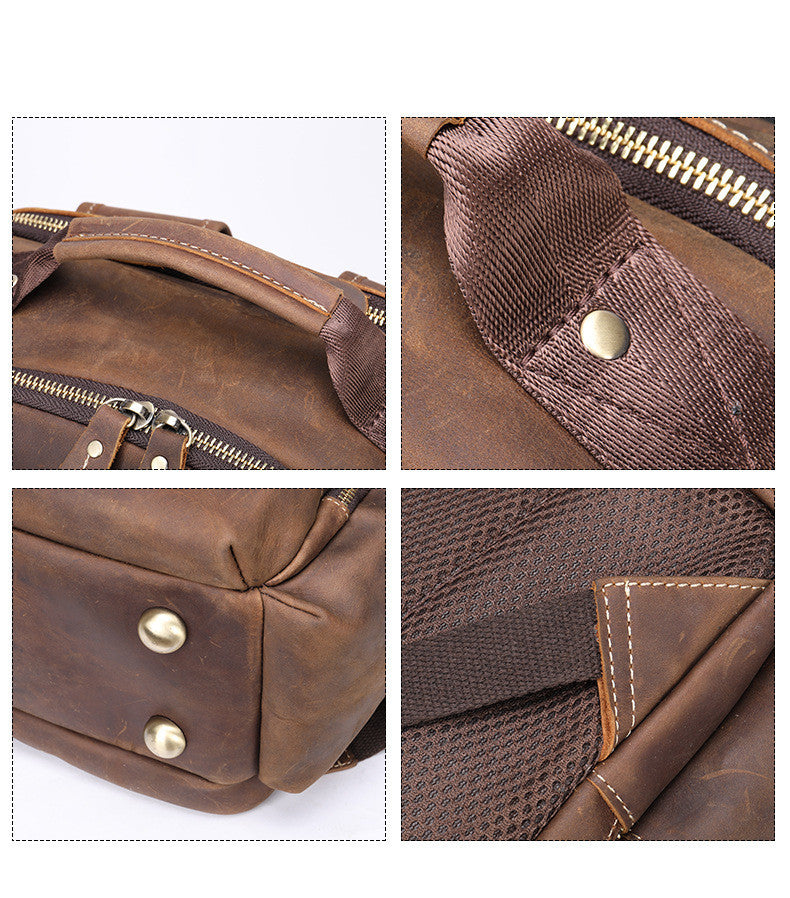 Collage of a brown leather bag with close-up details on a white background