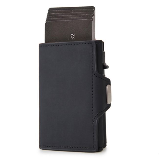 Black cardholder with cards on a white background