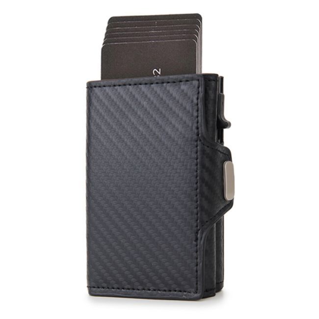 Black carbon fiber patterned cardholder with cards on a white background