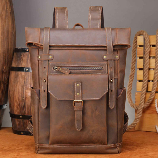 Retro Leather Backpack for Men - Vintage Crazy Horse Genuine Leather Travel Laptop Bag