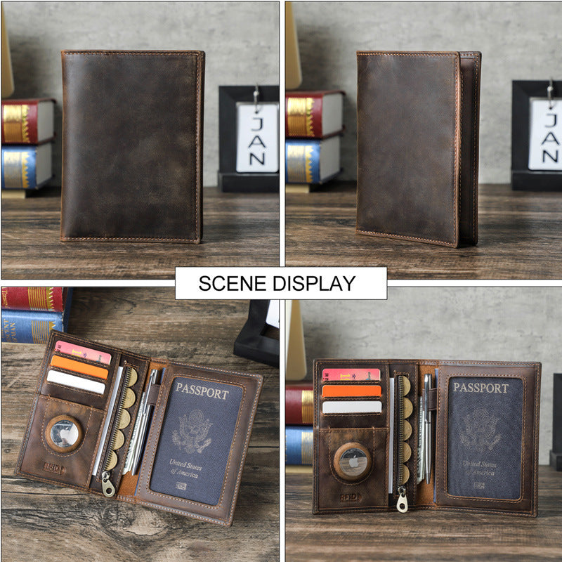 Brown leather travel wallet with passport holder on a wooden surface.