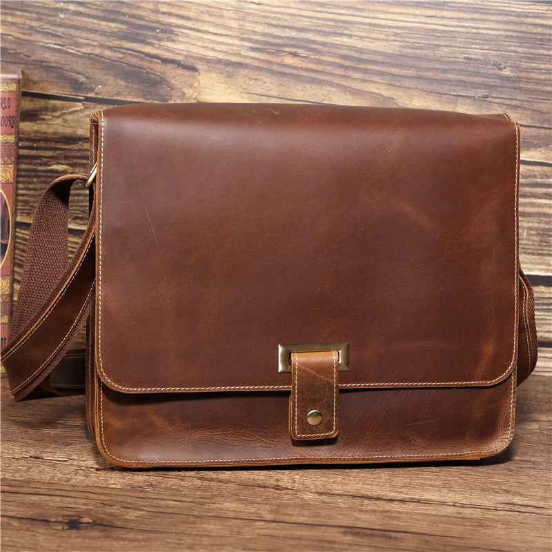 Men's Retro Leather Messenger Bag in Genuine Crazy Horse Leather