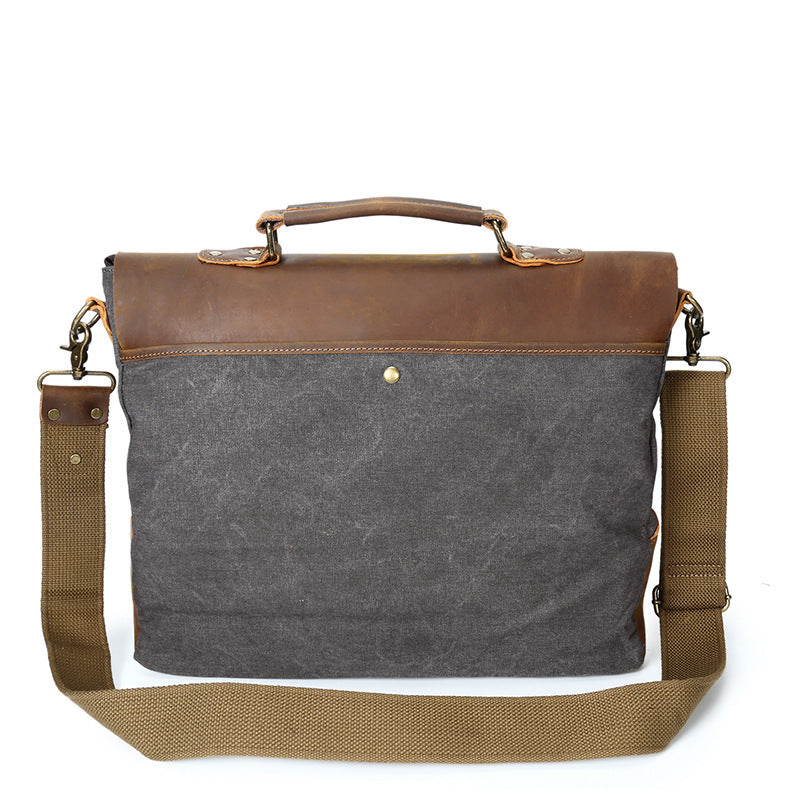 Source Point Men's Canvas Messenger Bag with Crazy Horse Leather - Retro Computer Shoulder Bag - ArtOm_farm™ LEATHER