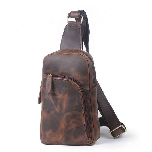 Vintage Leather Crossbody Bag - Crazy Horse Cowhide Leather Single-Shoulder Chest Bag