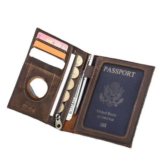 Brown leather travel wallet with a passport holder on a white background