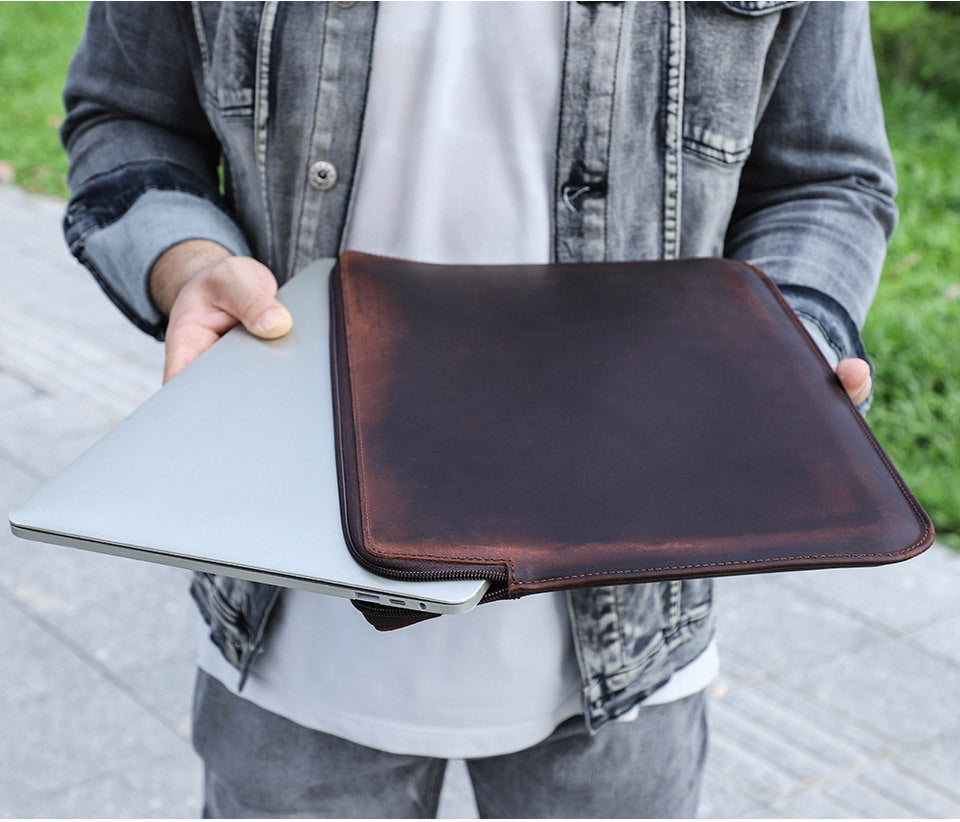 Retro Leather Computer Bag - Crazy Horse Leather Notebook Zipper Case - ArtOm_farm™ LEATHER