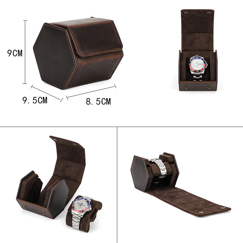 Brown leather watch box with dimensions and a watch inside on a white background