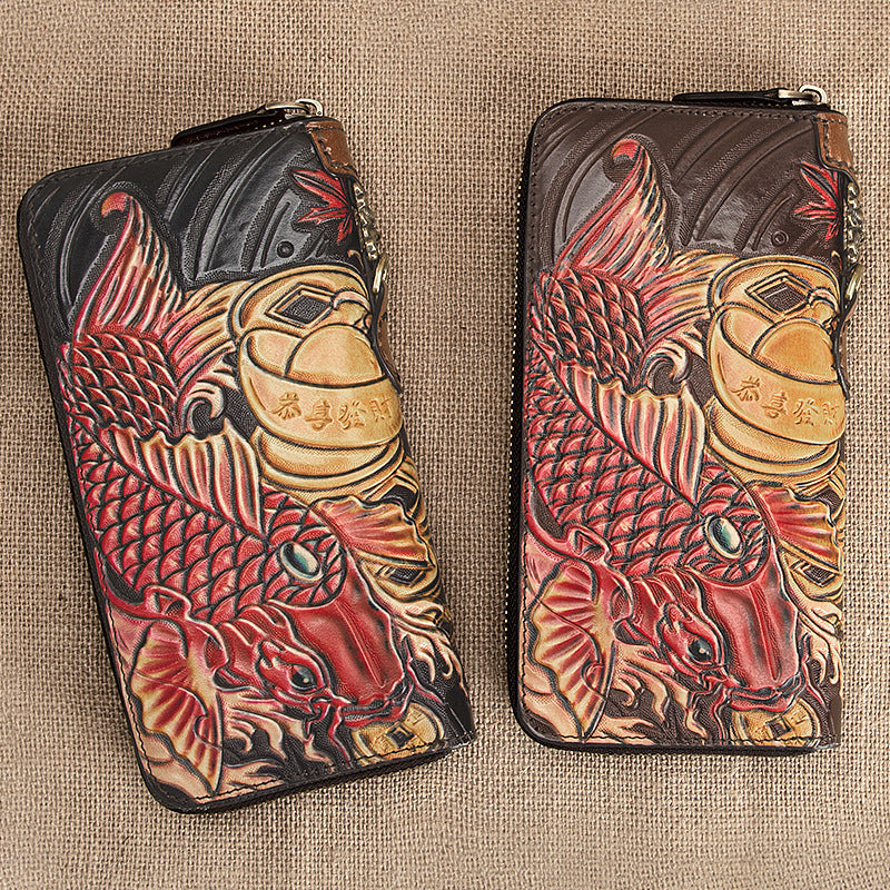 Handmade Leather Wallet - Retro Long Cowhide Carving Craft Wallet - ArtOm_farm™ LEATHER